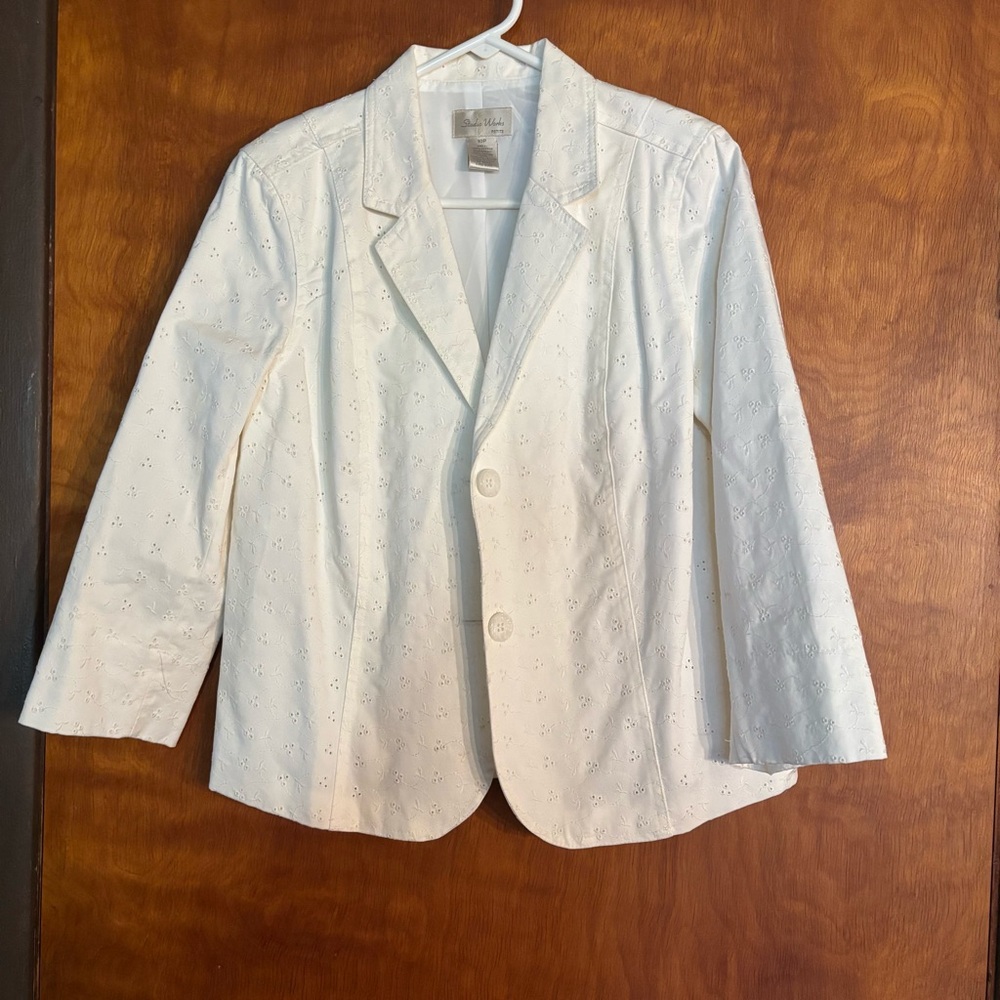 Studio Works Petite Woman's White Eyelet Cotton Blazer Jacket Career Casual Sz10